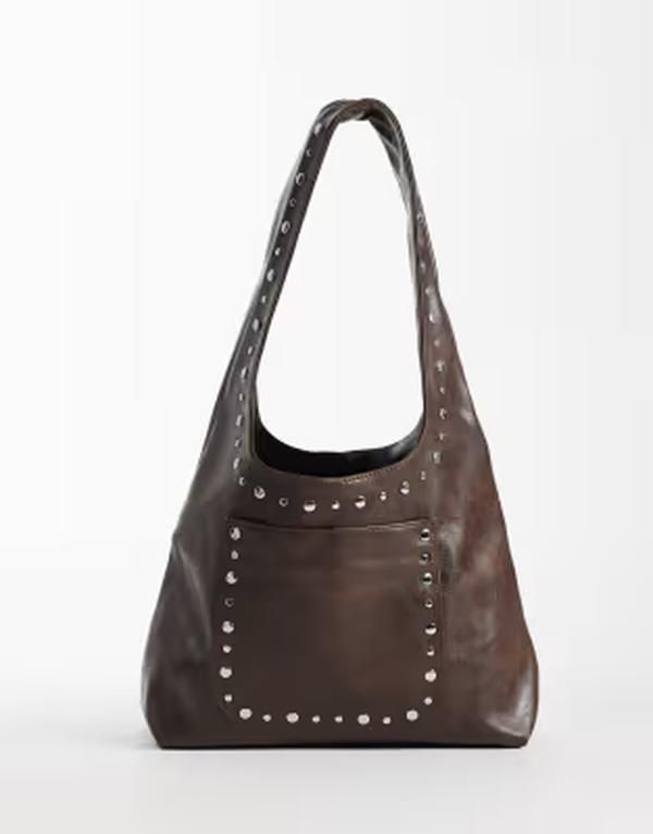 カイア レディース バッグ レザー フェイクレザー Kaiia exclusive faux leather silver studded pocket detail shoulder bag in