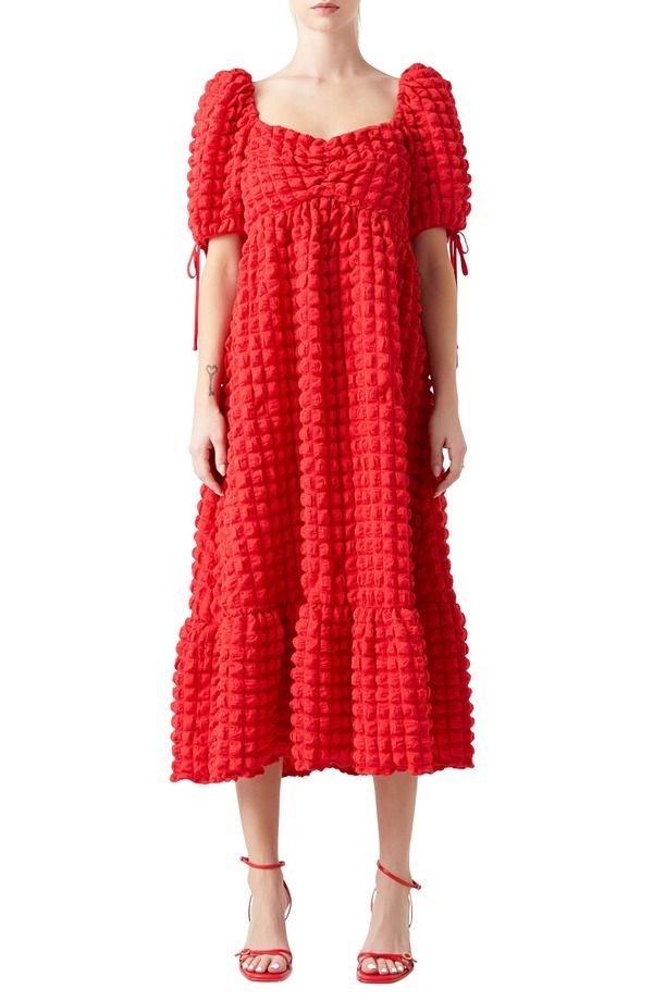 エンドレスローズ レディース トップス ワンピース マキシ Endless Rose Texture Puff Sleeve Maxi Dress RED レッド