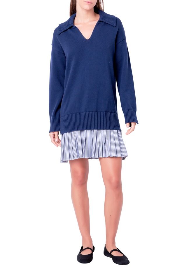 イングリッシュファクトリー レディース トップス ワンピース ミニ English Factory Mixed Media Long Sleeve Minidress NAVY NAVY ネイビー