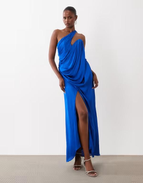 エイソス レディース トップス ワンピース ドレープ サテン マキシ ASOS DESIGN draped one shoulder satin maxi dress in cobalt Blue ブ