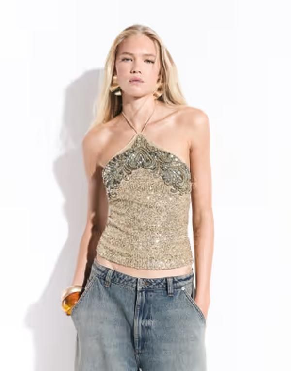 エイソス レディース トップス タンクトップ スパンコール ホルター ASOS DESIGN halter neck embellished sequin cami Gold ゴールド
