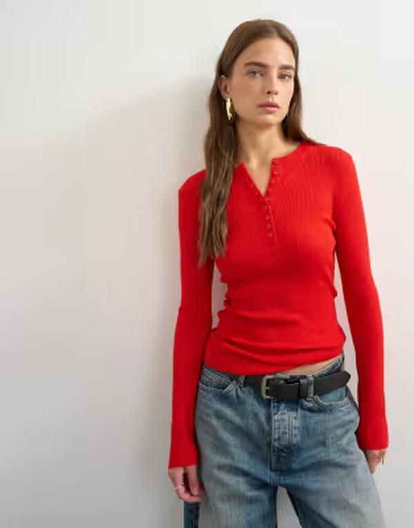 トップショップ レディース アウター ニット・セーター ヘンリーネック ウール Topshop knit wool blend henley neck long sleeve top RED レッド