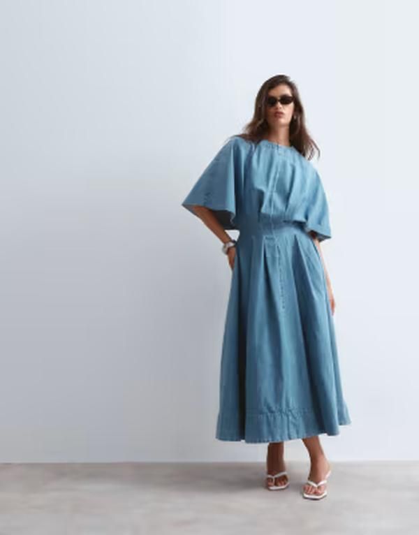 アレンジ レディース トップス ワンピース ウエストマーク ミディ デニム ARRANGE cinched waist denimidi dress in mid wash MID BLUE ブルー
