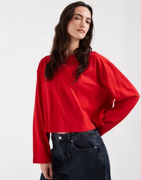 エイソス レディース トップス Tシャツ クロップド ASOS DESIGN long sleeve boxy cropped Tshirt RED レッド 7,300円