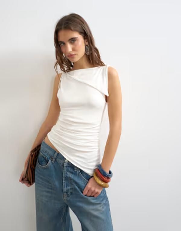 トップショップ レディース トップス タンクトップ アシンメトリー Topshop asymmetric tie shoulder tank top in ecru エクリュ