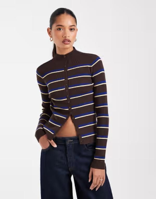 エイソス レディース アウター カーディガン スタンドネック ASOS DESIGN button up funnel neck cardigan in stripestripe ストライプ