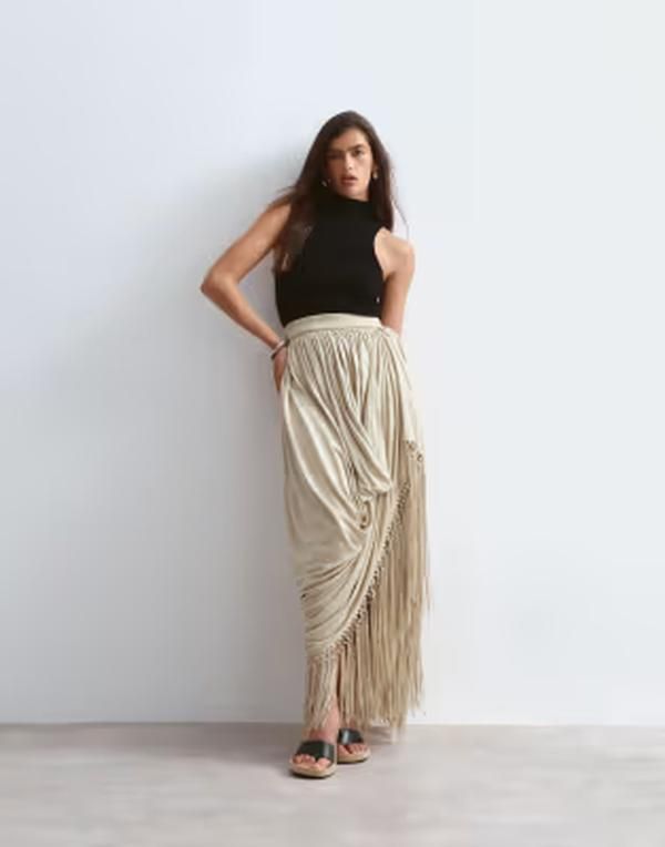 アレンジ レディース ボトムスカート ドレープ マキシ フリンジ ARRANGE draped fringe hemaxi skirt in soft khaki カーキ