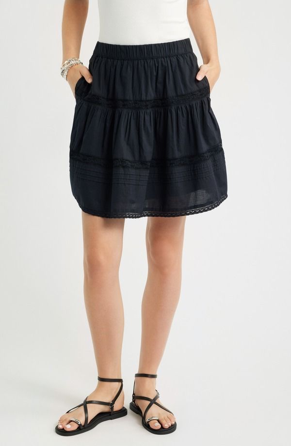 トレジャーアンドボンズ レディース ボトムスカート レーストリム ミニ コットン レース Treasure Bond Lace Trim Cotton Miniskirt BLACK ブラック