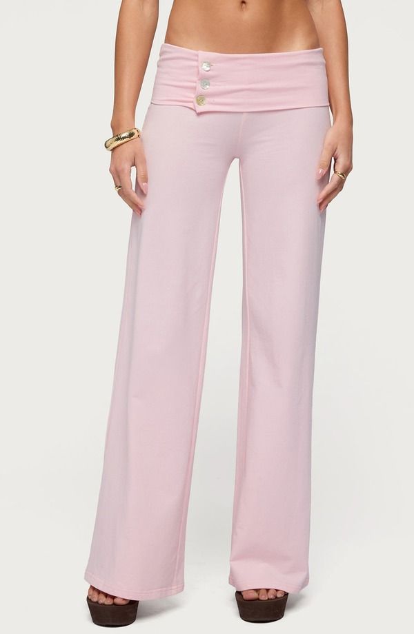 アディクテッド レディース ボトムス レギンス ワイドレッグ パンツ EDIKTED Poppy Wide Leg Button Foldover Pants PINK ピンク