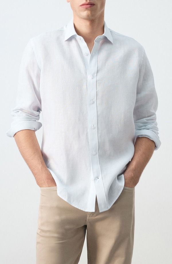 マンゴ メンズ トップス シャツ リネン MANGO Stripe Slub Linen ButtonUp Shirt SKY BLUE ブルー