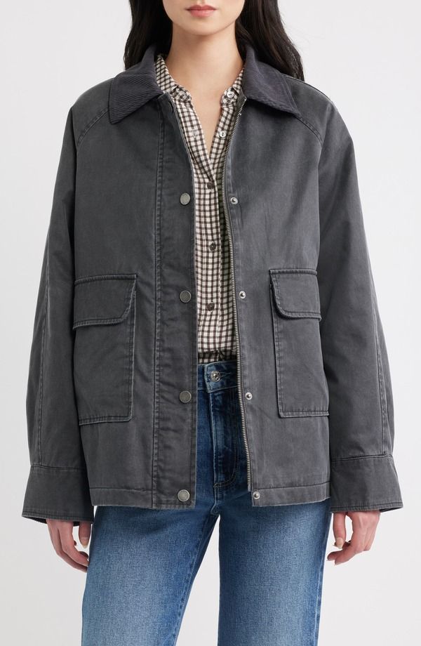 ビーシビージー レディース アウター ジャケット・ブルゾン コーデュロイ コットン BCBG Corduroy Collar Cotton Barn Jacket GUNMETAL ガンメタル