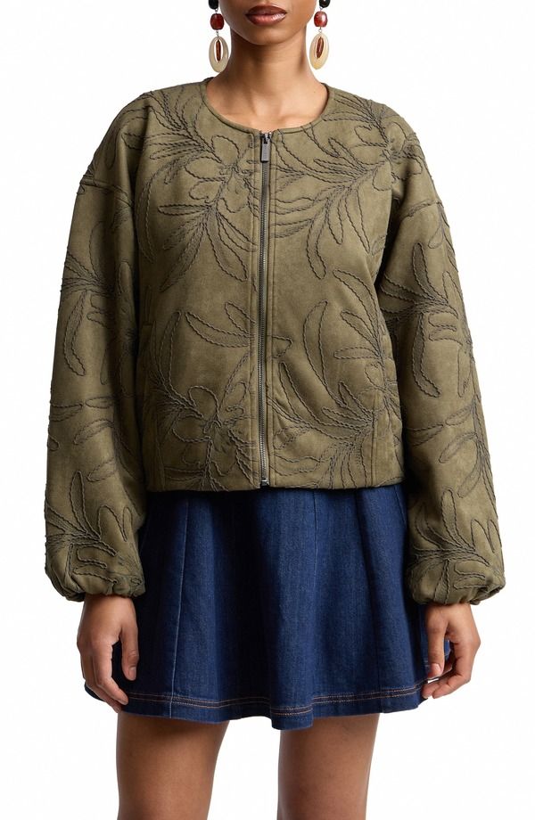 バガテル レディース アウター ジャケット・ブルゾン スエード Bagatelleaf Embroidery Faux Suede Jacket FERN