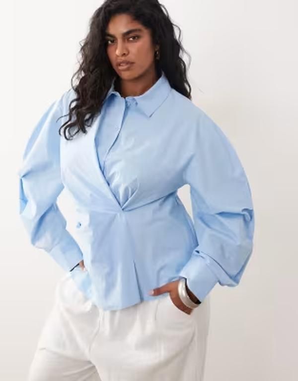 エイソス レディース トップス シャツ ASOS Curve ASOS DESIGN Curve cinched wrap cocoon sleeve shirt Blue ブルー