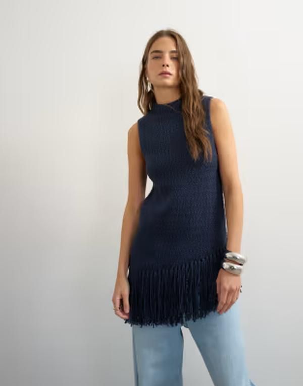 トップショップ レディース アウター ニット・セーター アシンメトリー フリンジ Topshop knit asymmetric fringe trim tunic NAVY ネイビー 18,091円