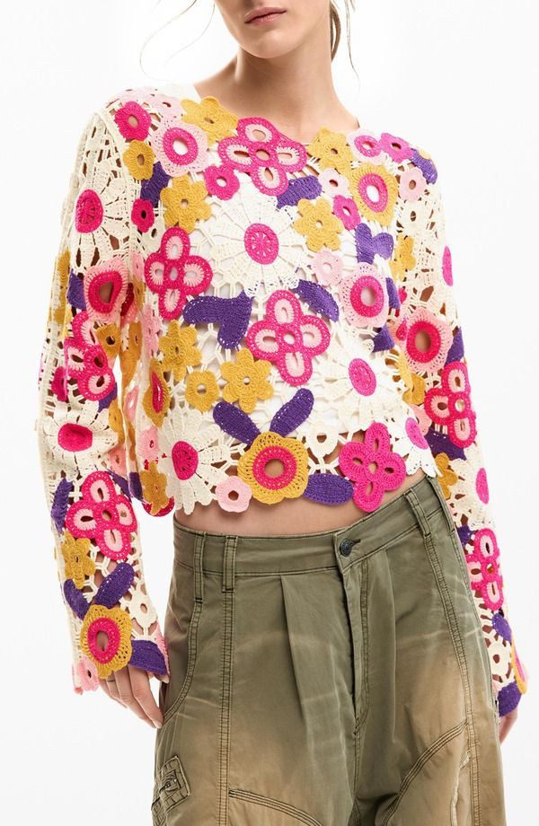 デジグアル レディース アウター パーカー・スウェット フラワー柄 セーター コットン フラワー Desigual Floral Crop Cotton Blend Crochet Sweater O