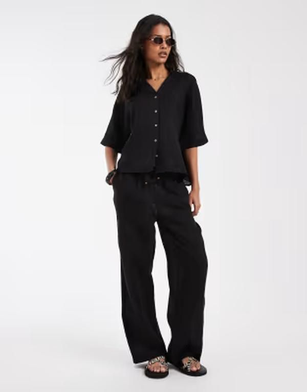 オンリー レディース ボトムス カジュアルパンツ ワイドレッグ リネン ONLY linen blend wide leg pants part of a set Black ブラック