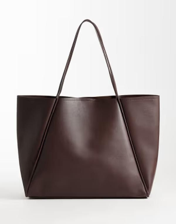 グラマラス レディース バッグ レザー フェイクレザー Glamorous oversized faux leather tote bag in dark BROWN ブラウン