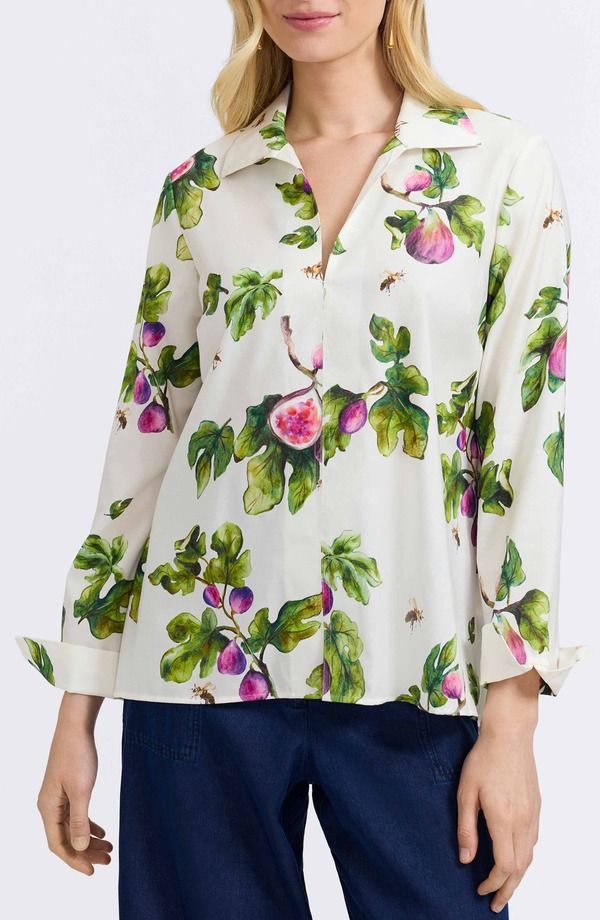 フォックスクラフト レディース トップス シャツ プリント コットン Foxcroft Agnes Figs Print Stretch Cotton Popover Top IVORY MULTI