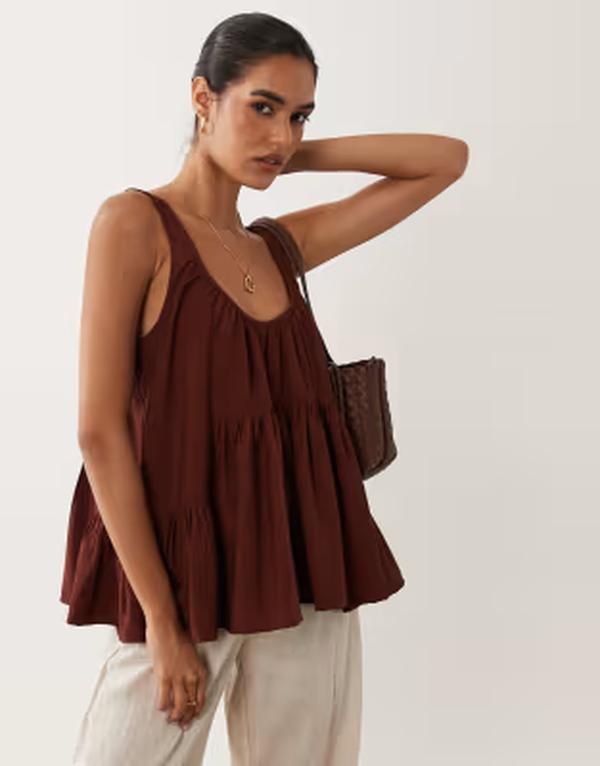 エイソス レディース トップス シャツ ASOS DESIGN scoop neck peplum cami top Brown ブラウン