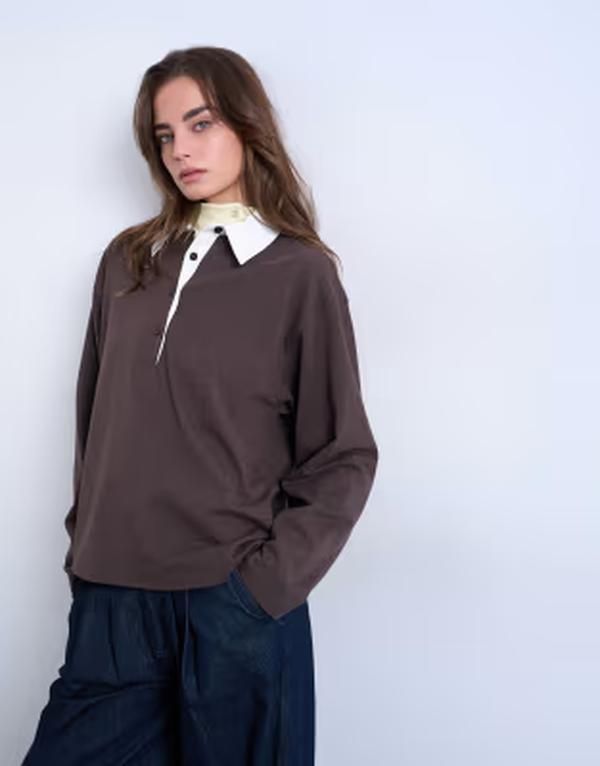 トップショップ レディース トップス ポロシャツ Topshop rugby long sleeve polo top in chocolate チョコレート