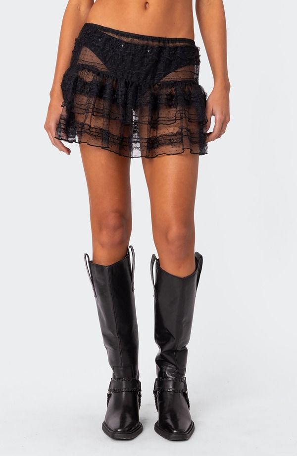 アディクテッド レディース ボトムスカート フリル ミニ シアー EDIKTED Ruffle Sheer Miniskirt BLACK ブラック