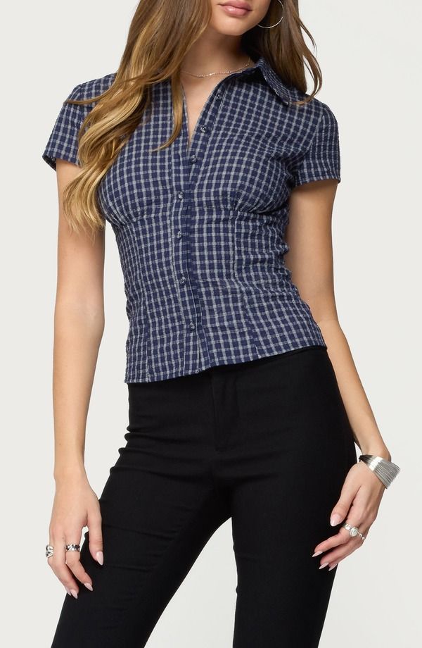 アディクテッド レディース トップス シャツ ギンガムチェック ブラウス ギンガム EDIKTED Oriya Gingham ButtonUp Blouse NAVY ネイビー 10,570円