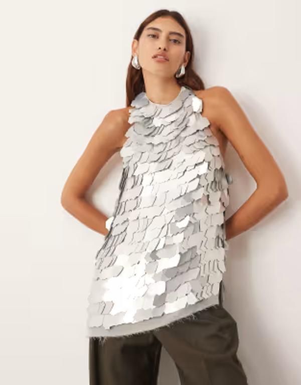 アレンジ レディース トップス シャツ スパンコール ホルター ARRANGEmbellished shard sequin longline halter neck top Silver シルバー