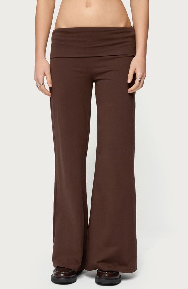 アディクテッド レディース ボトムス レギンス ワイドレッグ パンツ コットン EDIKTED Wide Leg Foldover Cotton Pants BROWN ブラウン