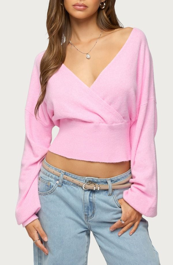 アディクテッド レディース アウター ニット・セーター Vネック EDIKTED Lillia VNeck Wrap Crop Sweater PINK ピンク 11,535円