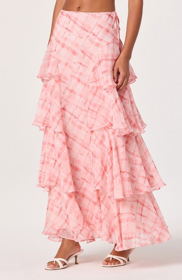 アストール レディース ボトムスカート ティアード フリル マキシ ASTR the Label Maia Plaid Ruffle Tie red Maxi Skirt PINK PLAID ピンク
