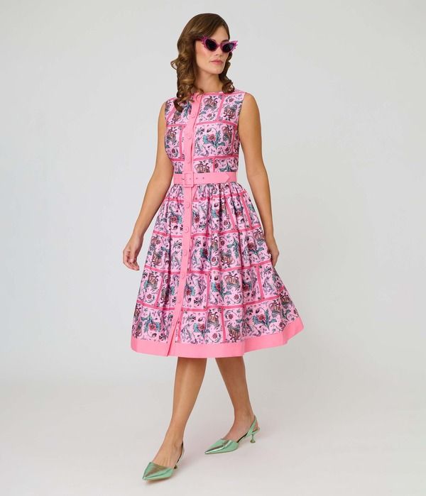 ユニークビンテージ レディース トップス ワンピース ノースリーブ Unique Vintage Sleeveless Button Swing Dress Pink Floral Print ピンク