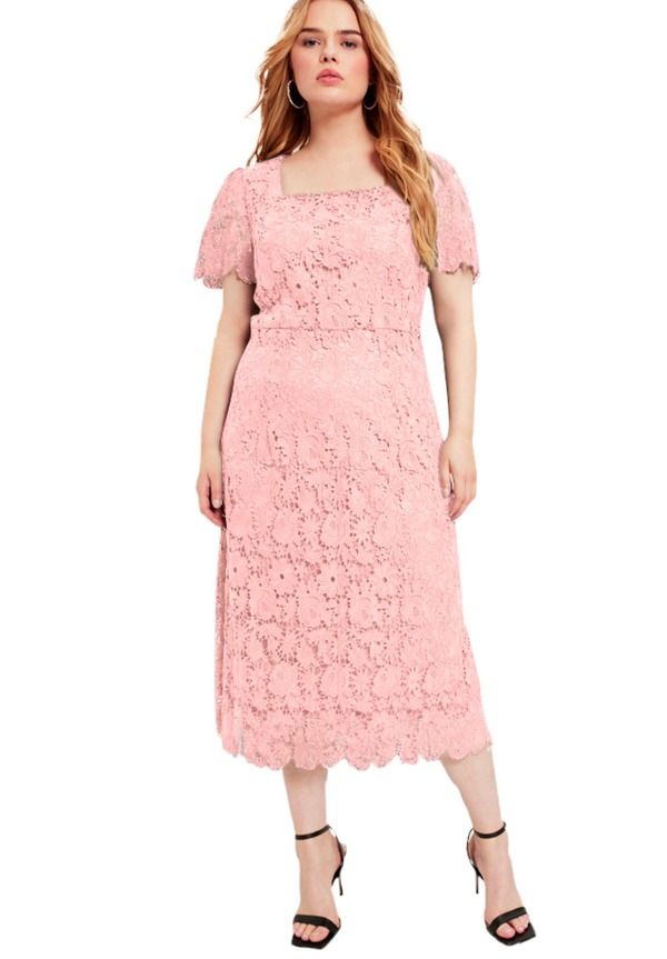 ジューンプラスヴィ レディース トップス ワンピース プラスサイズ ミディ レース June Vie Square Neck Lace Midi Dress Plus Regular SOFT BLU