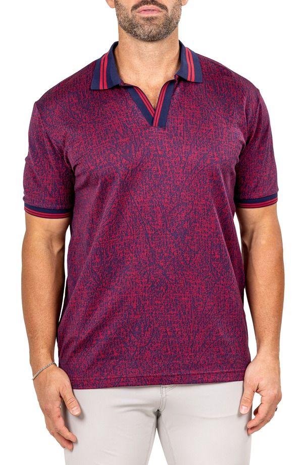 マセオ メンズ トップス ポロシャツ プリント コットン Maceoo Marthyr Grid Print Johnny Collar Cotton Polo RED レッド