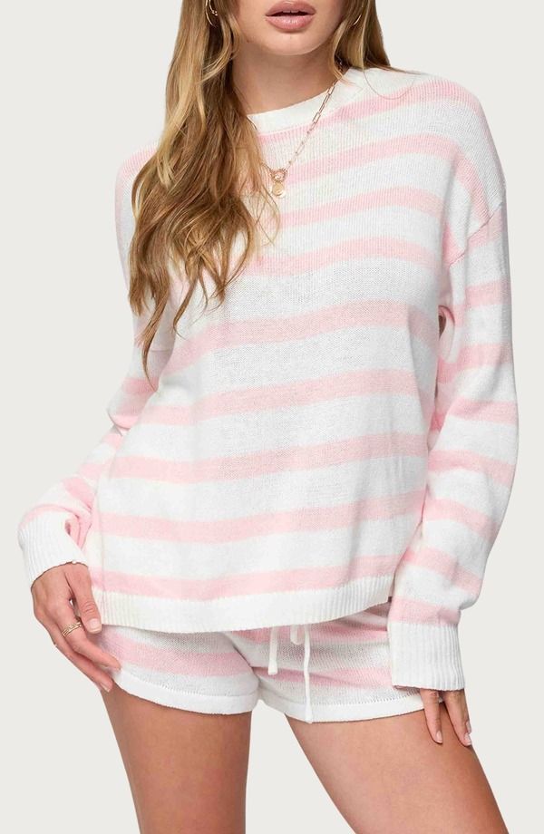 アディクテッド レディース アウター ニット・セーター EDIKTED Amaristripe Oversize Sweater LIGHTPINK ピンク