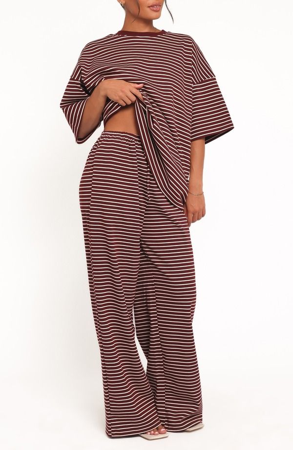 ペタルアンドパップ レディース ボトムス レギンス ワイドレッグ パンツ Petal Pup Wilda Stripe Wide Leg Pants BURGUNDY CREAM STRIPE クリー