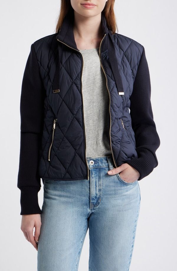 ベルナルド レディース アウター ジャケット・ブルゾン セーター Bernardo Mixed Media Quilt Front Sweater Jacket NAVY ネイビー
