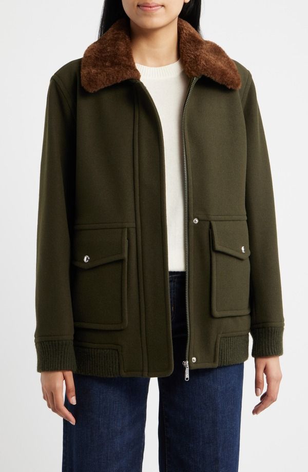 サムエデルマン レディース アウター ジャケット・ブルゾン Sam Edelman Relaxed Bomber Jacket with Faux Shearling Collar LODEN