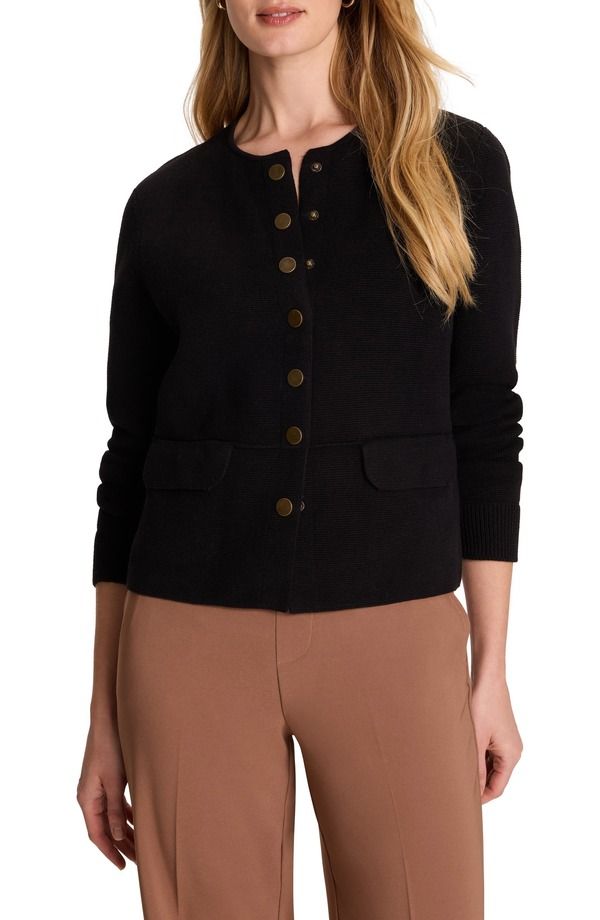 ニックプラスゾーイ レディース アウター ジャケット・ブルゾン プチ ニット NICZOE Collarless Knit Jacket Petite Regular BLACK ONYX ブラック