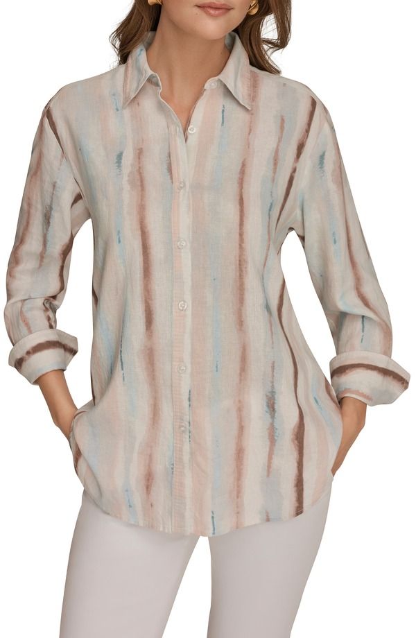 ダナ キャラン ニューヨーク レディース トップス シャツ リネン Donna Karanew York Long Sleeve Linen Blend ButtonUp Shirt WATERCOL