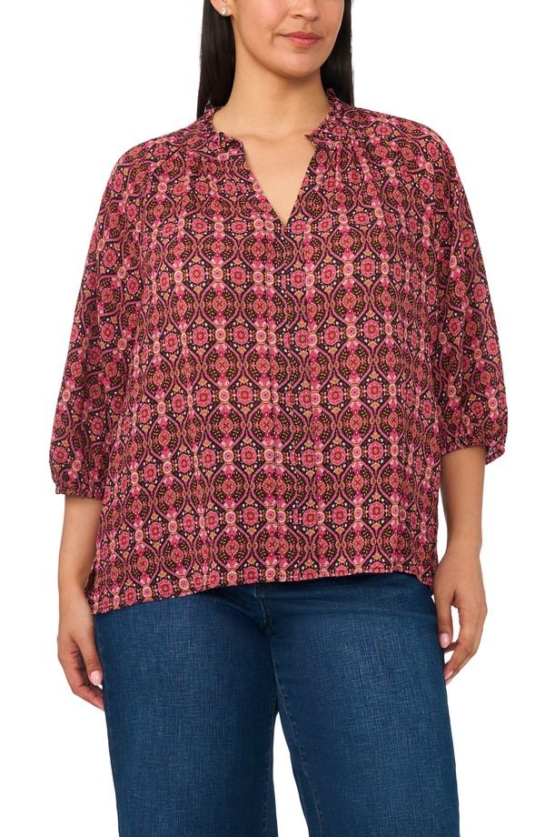 セセ レディース トップス シャツ クレープラスサイズ プリント CeCe Scarf Print Split Neck Crepe Top Plus RICH BLACK BURGUNDY ブラック 12,905円