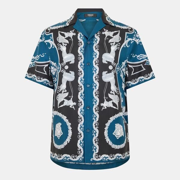 ヴェルサーチ メンズ トップス シャツ シルク Versace Mensilk Short Sleeve Patterned Shirt BlackPetrol ブラック