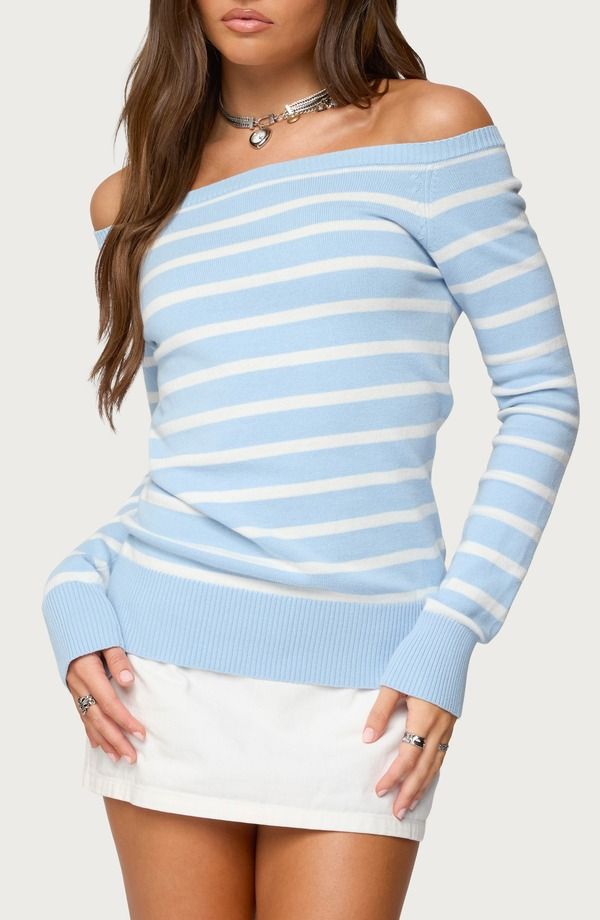 アディクテッド レディース アウター パーカー・スウェット セーター EDIKTED Lori Stripe Off the Shoulder Sweater LIGHTBLUE ブルー