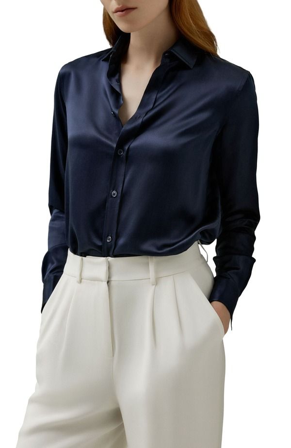 リリーシルク レディース トップス シャツ ボタンダウン Lilysilk Womens Tailo red Button Down Silk Shirt Navy Blue ネイビー 30,420円