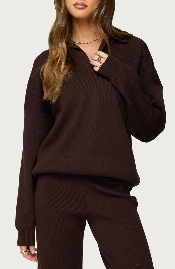 アディクテッド レディース アウター ニット・セーター ポロシャツ EDIKTED Lorie Oversize Polo Sweater BROWN ブラウン