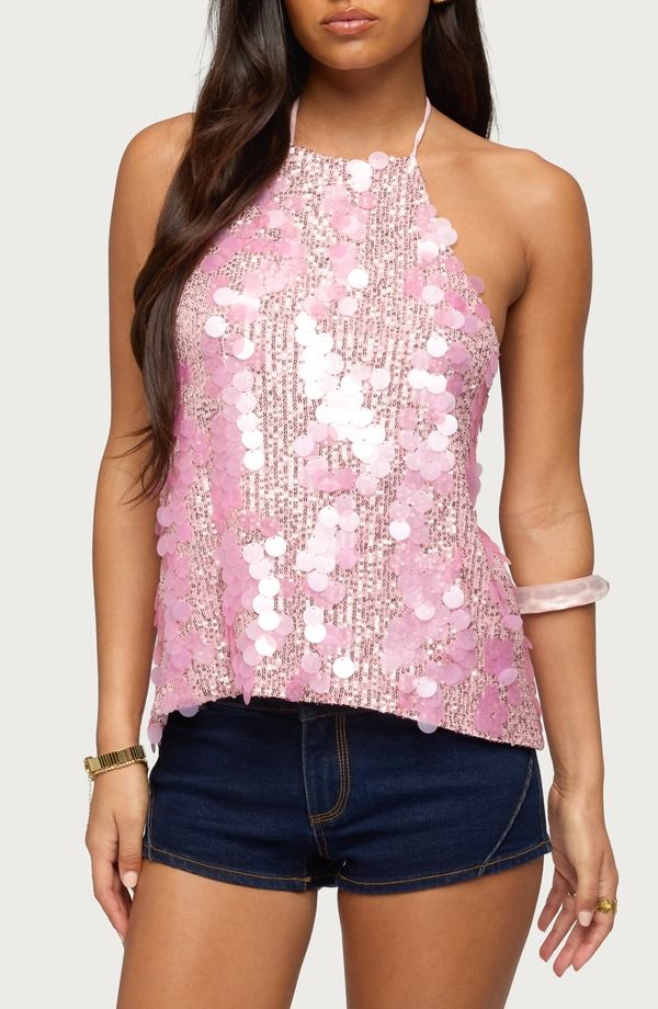 アディクテッド レディース トップス シャツ オープンバック スパンコール ホルター EDIKTED Ellorie Sequin Open Back Halter TopINK ピンク