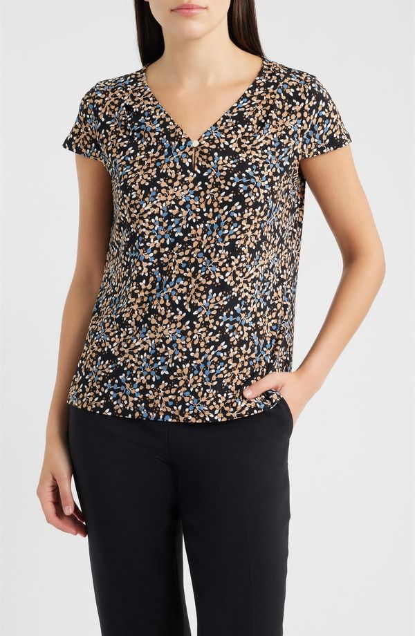 AK アンクライン レディース トップス シャツ プチ プリント AK ANNE KLEIN Print OneButton Top Petite ANNE BLACK MULTI ブラック