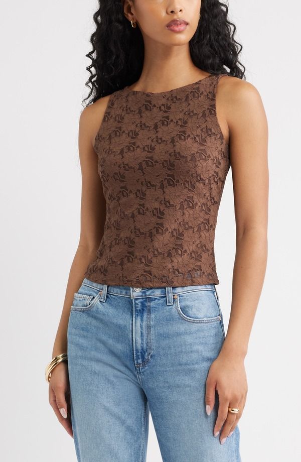 オープンエディット レディース トップス シャツ ノースリーブ レース Open Edit Sleeveless Lace Shell BROWN TERRA ブラウン