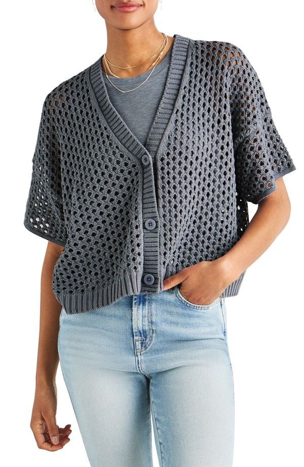 スプレンディット レディース アウター カーディガン コットン Splendid Nova Short Sleeve Cotton Pointelle Cardigan STORM