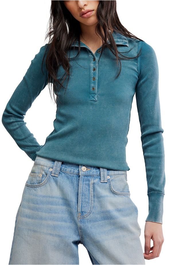 フリーピープル レディース トップス シャツ コットン Free People Lake Stand Collar Stretch Cotton Rib Henley PINE BLOSSOM