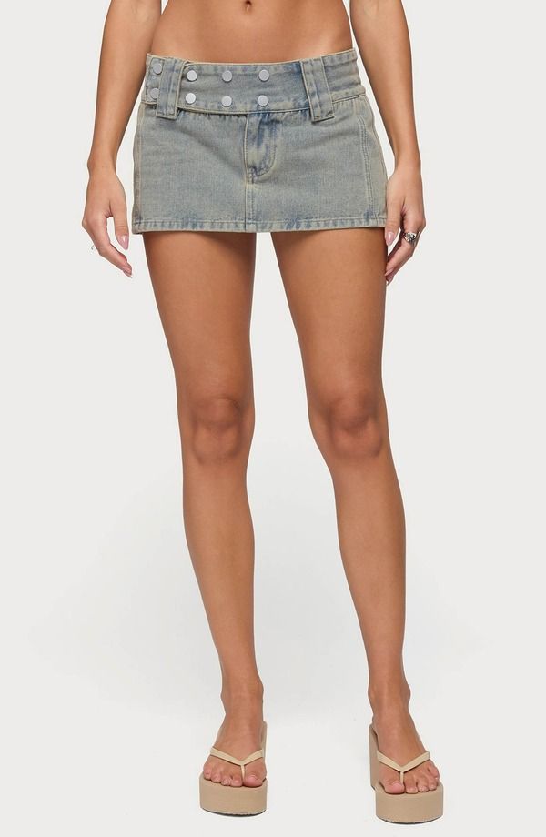 アディクテッド レディース ボトムス デニムパンツ ミニ スカート EDIKTED Lolah Snap Waist Deniminiskirt BLUEWASHED ブルー